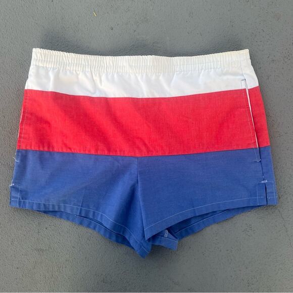 Vintage 70s Men’s USA Red White Blue Short Swim Shorts SMALL - Picture 1 of 12